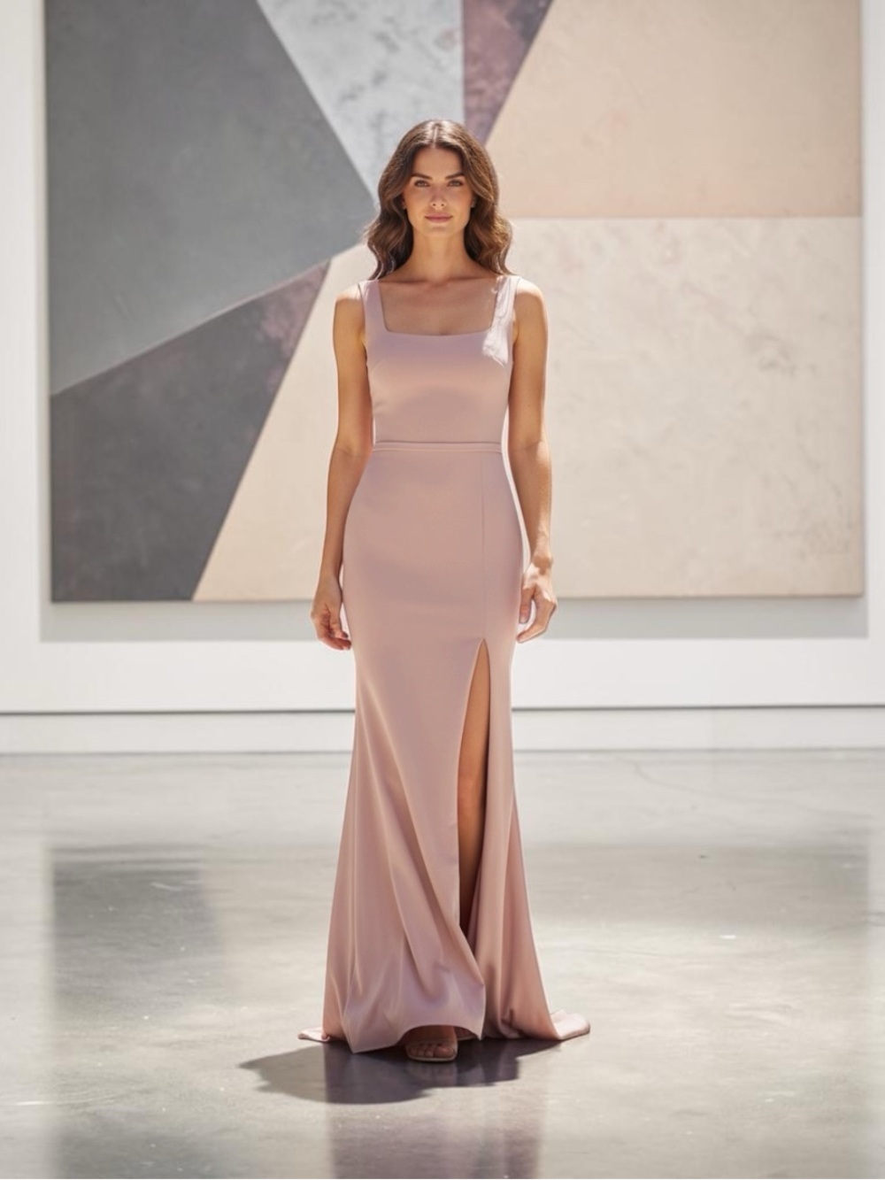 NWT Cynthia & Sahar Blush Square Neck Slit Maxi Gown M